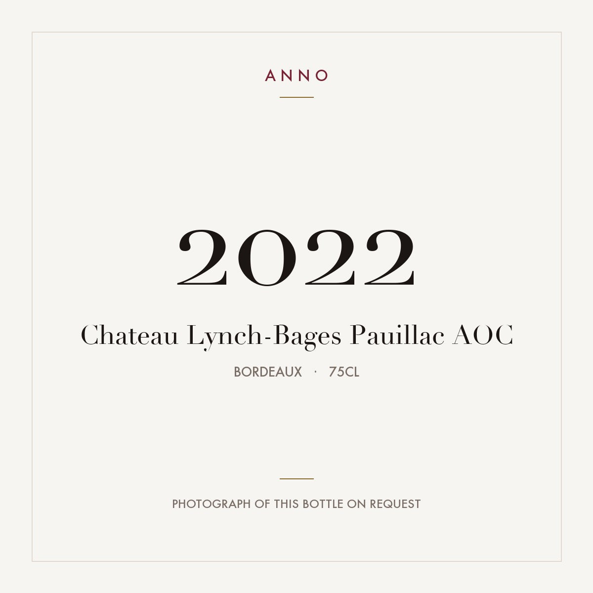 Chateau Lynch-Bages Pauillac 2022 AOC 0,75l from Bordeaux — ANNO vintage card; photograph of the actual bottle available on request