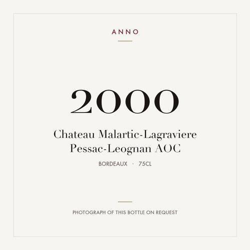Chateau Malartic-Lagraviere Pessac-Leognan 2000 AOC 0,75l from Bordeaux — ANNO vintage card; photograph of the actual bottle available on request