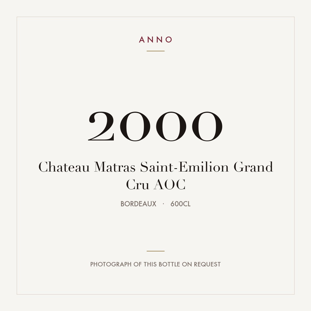 Chateau Matras Saint-Emilion Grand Cru 2000 AOC 6l from Bordeaux — ANNO vintage card; photograph of the actual bottle available on request