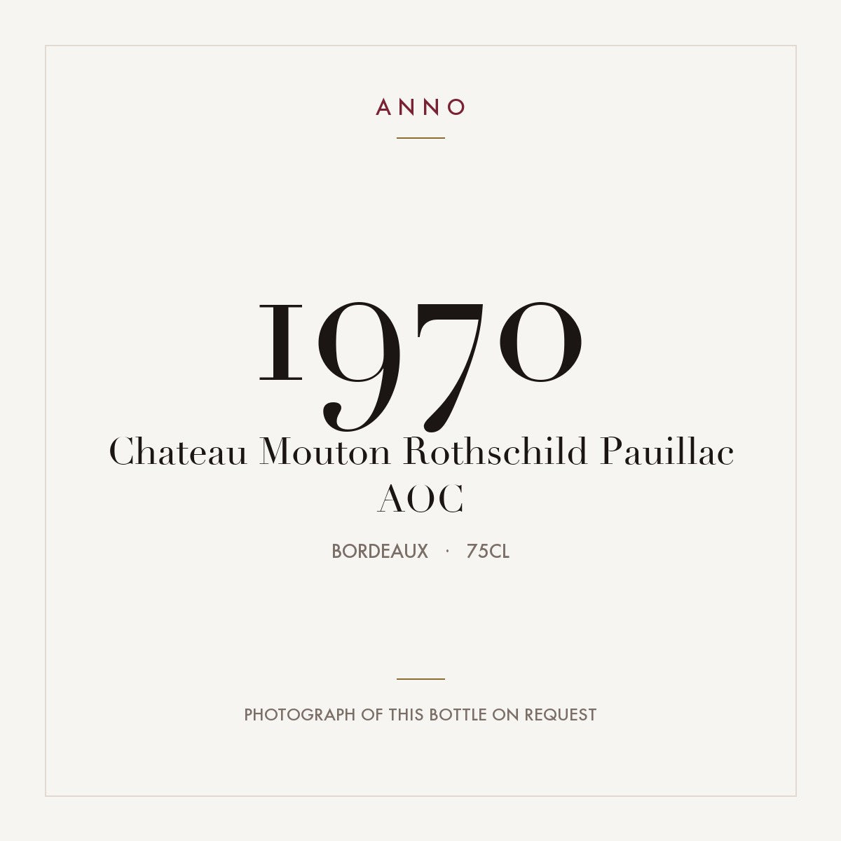 Chateau Mouton Rothschild Pauillac 1970 AOC 0,75l from Bordeaux — ANNO vintage card; photograph of the actual bottle available on request