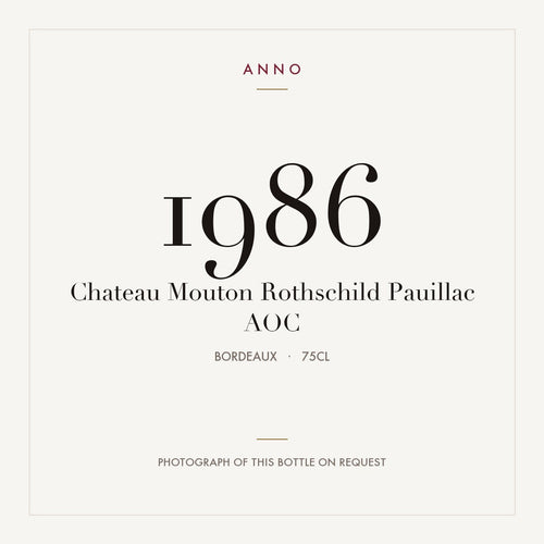 Chateau Mouton Rothschild Pauillac 1986 AOC 0,75l from Bordeaux — ANNO vintage card; photograph of the actual bottle available on request