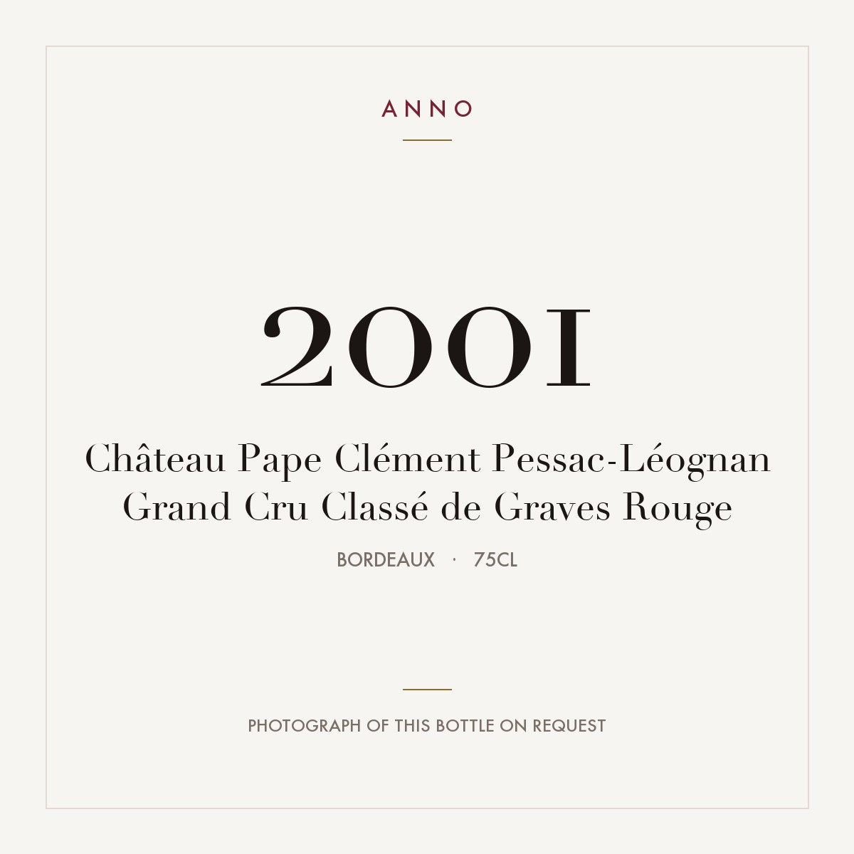 Chateau Pape Clement Pessac-Leognan 2001 AOC 0,75l — ANNO vintage card; photograph of the actual bottle available on request