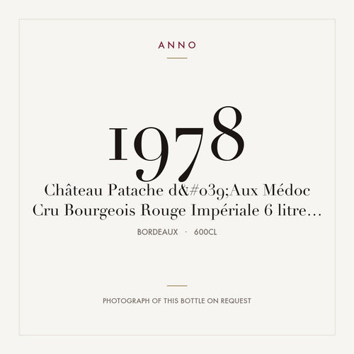 Chateau Patache d'Aux Medoc 1978 AOC 6l — ANNOヴィンテージカード。実際のボトルの写真はご要望に応じてご用意します