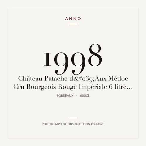 Chateau Patache d'Aux Medoc 1998 AOC 6l — карточка урожая ANNO; фото настоящей бутылки по запросу