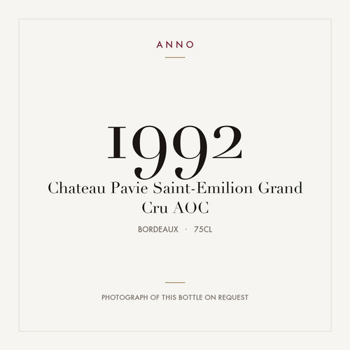 Chateau Pavie Saint-Emilion Grand Cru 1992 AOC 0,75l from Bordeaux — ANNO vintage card; photograph of the actual bottle available on request