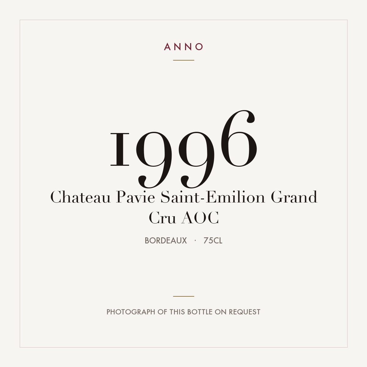 Chateau Pavie Saint-Emilion Grand Cru 1996 AOC 0,75l from Bordeaux — ANNO vintage card; photograph of the actual bottle available on request