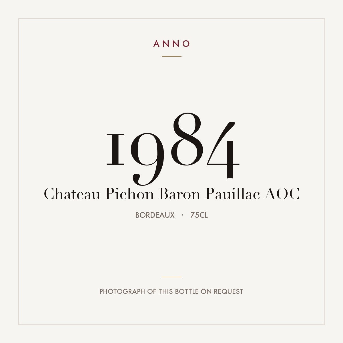 Chateau Pichon Baron Pauillac 1984 AOC 0,75l from Bordeaux — ANNO vintage card; photograph of the actual bottle available on request