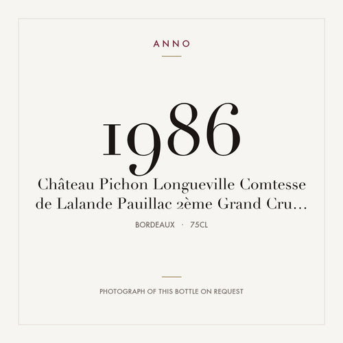 Chateau Pichon Longueville Comtesse de Lalande Pauillac 1986 AOC 0,75l — ANNO-Jahrgangskarte; Foto der tatsächlichen Flasche auf Anfrage