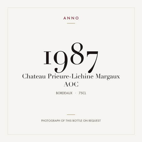 Chateau Prieure-Lichine Margaux 1987 AOC 0,75l from Bordeaux — ANNO vintage card; photograph of the actual bottle available on request