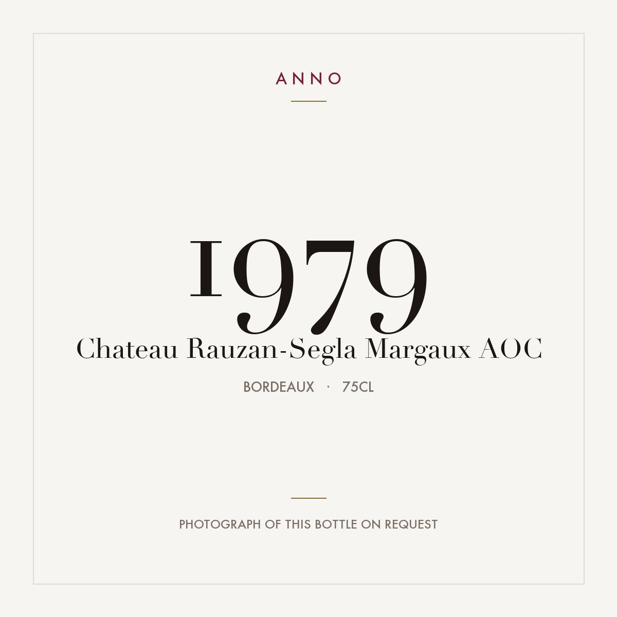 Chateau Rauzan-Segla Margaux 1979 AOC 0,75l from Bordeaux — ANNO vintage card; photograph of the actual bottle available on request