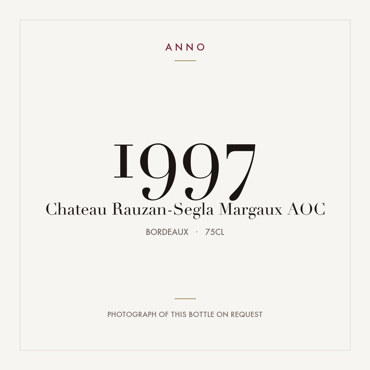 Chateau Rauzan-Segla Margaux 1997 AOC 0,75l from Bordeaux — ANNO vintage card; photograph of the actual bottle available on request