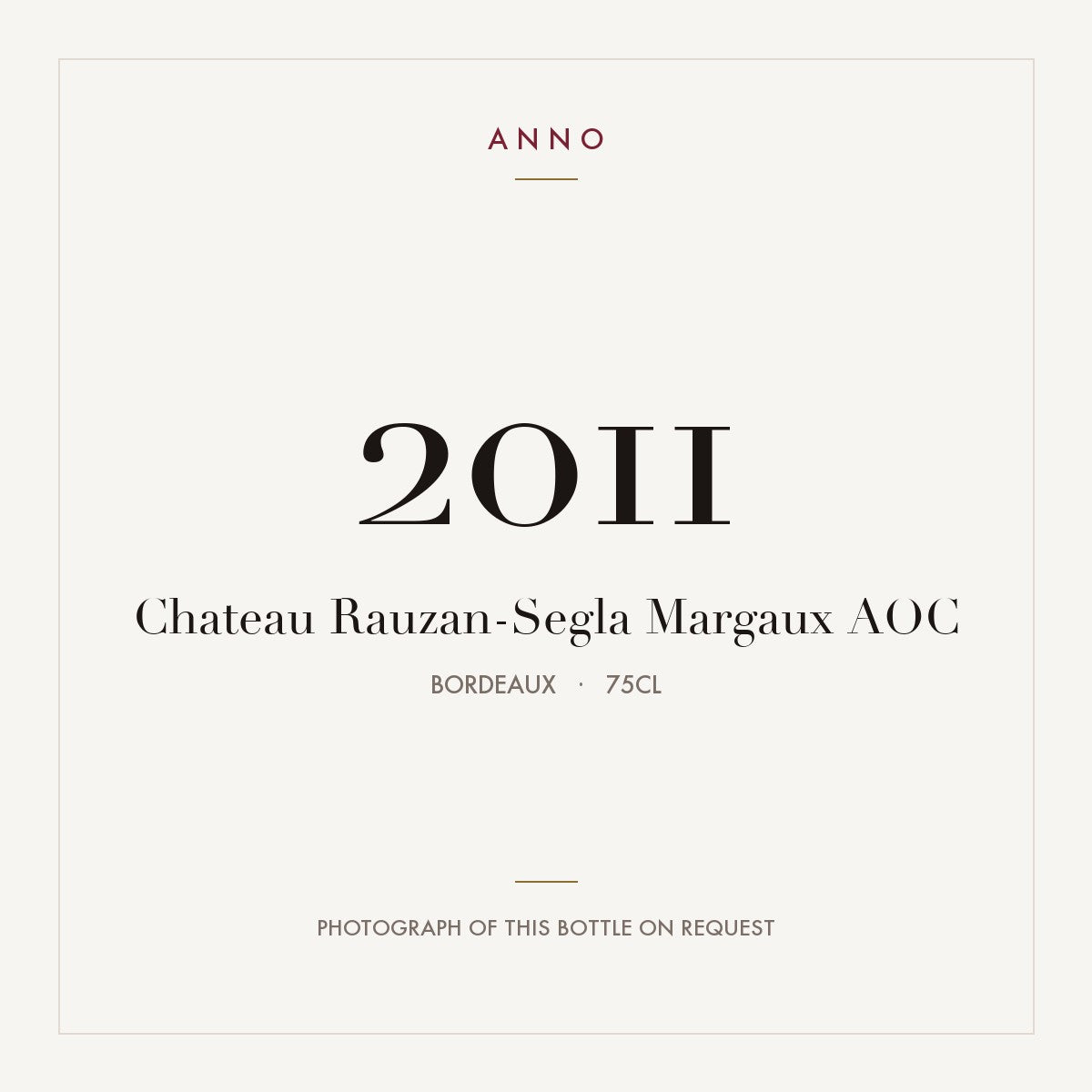 Chateau Rauzan-Segla Margaux 2011 AOC 0,75l from Bordeaux — ANNO vintage card; photograph of the actual bottle available on request