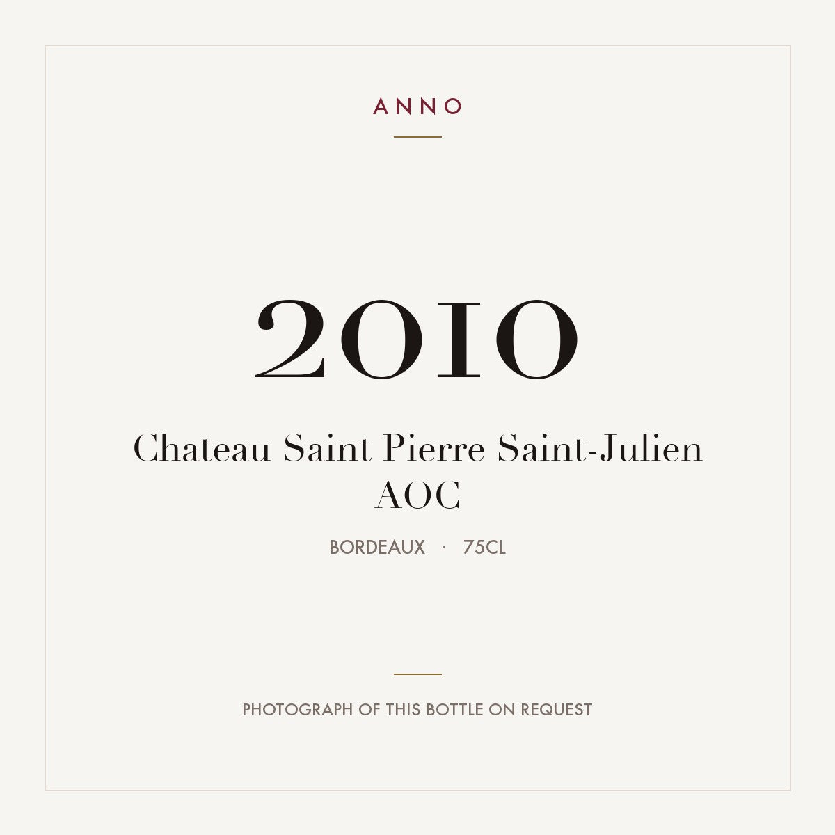 Chateau Saint Pierre Saint-Julien 2010 AOC 0,75l from Bordeaux — ANNO vintage card; photograph of the actual bottle available on request