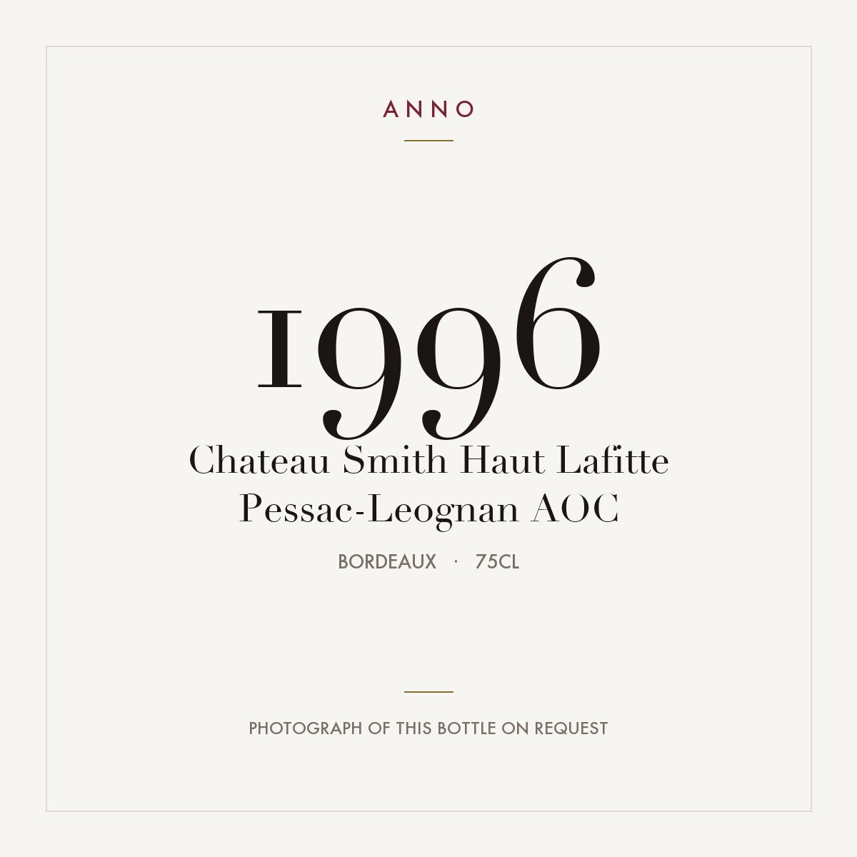 Chateau Smith Haut Lafitte Pessac-Leognan 1996 AOC 0,75l from Bordeaux — ANNO vintage card; photograph of the actual bottle available on request