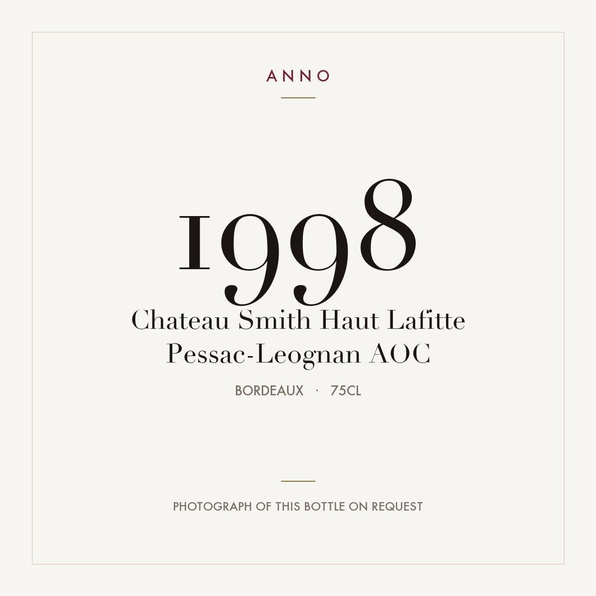 Chateau Smith Haut Lafitte Pessac-Leognan 1998 AOC 0,75l from Bordeaux — ANNO vintage card; photograph of the actual bottle available on request