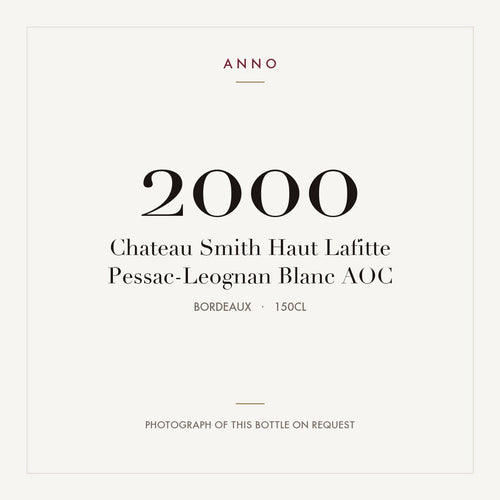 Chateau Smith Haut Lafitte Pessac-Leognan Blanc 2000 AOC 1,5l, Bordéus — cartão de colheita ANNO; fotografia da garrafa real disponível a pedido