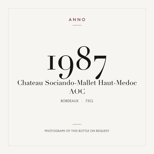 Chateau Sociando-Mallet Haut-Medoc 1987 AOC 0,75l from Bordeaux — ANNO vintage card; photograph of the actual bottle available on request