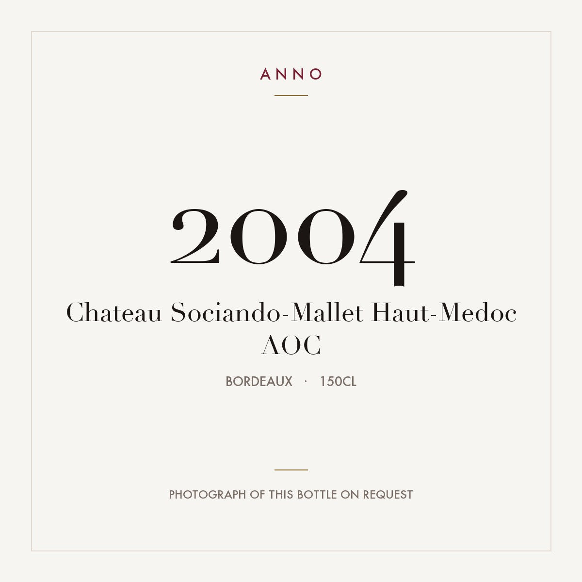 Chateau Sociando-Mallet Haut-Medoc 2004 AOC 1,5l from Bordeaux — ANNO vintage card; photograph of the actual bottle available on request