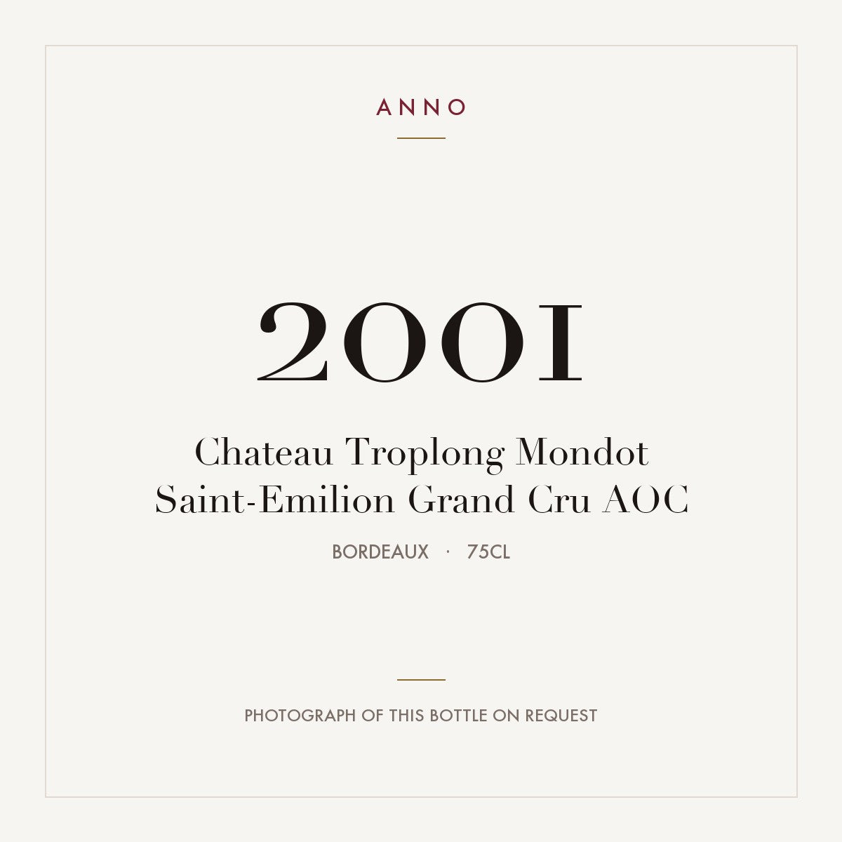 Chateau Troplong Mondot Saint-Emilion Grand Cru 2001 AOC 0,75l from Bordeaux — ANNO vintage card; photograph of the actual bottle available on request