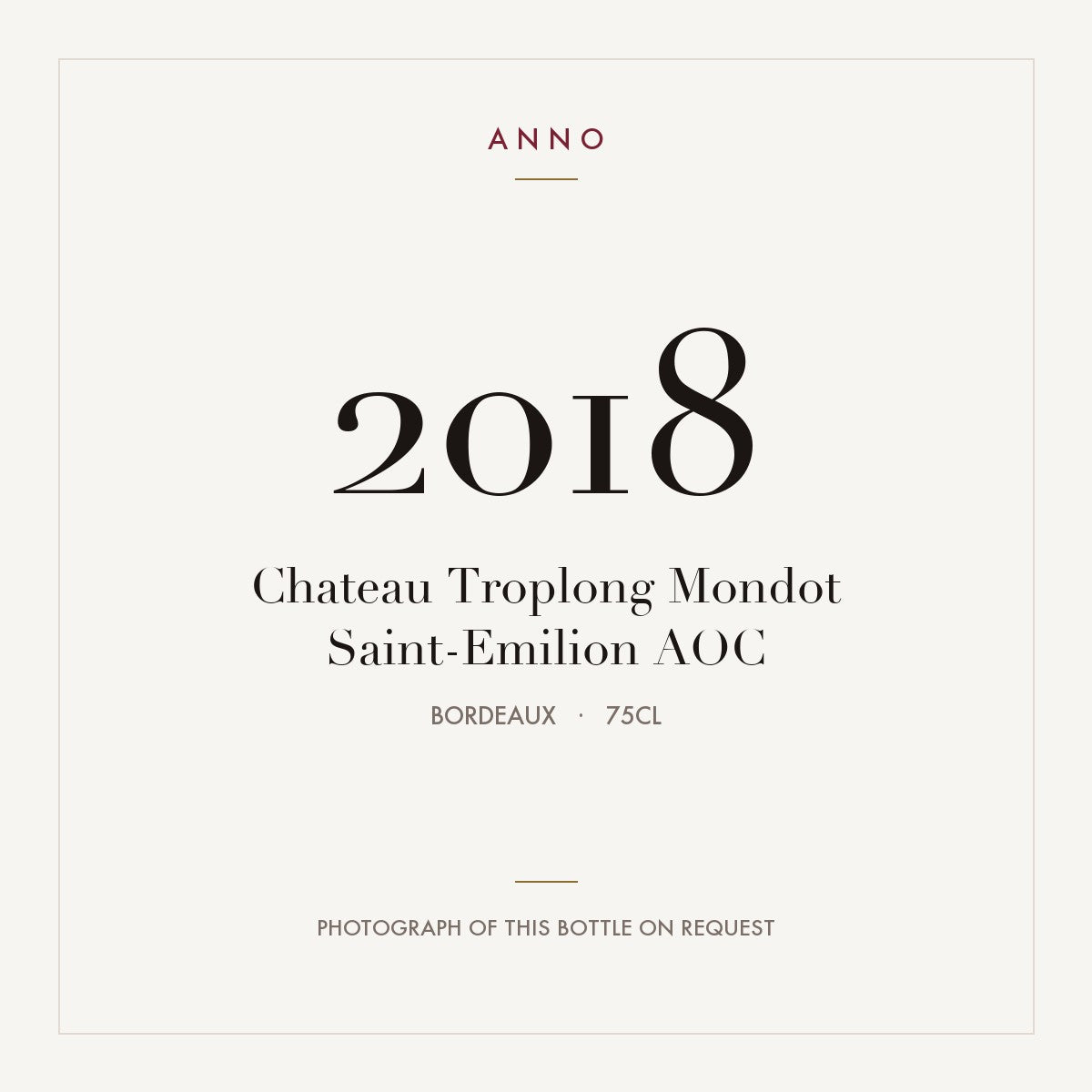 Chateau Troplong Mondot Saint-Emilion 2018 AOC 0,75l from Bordeaux — ANNO vintage card; photograph of the actual bottle available on request