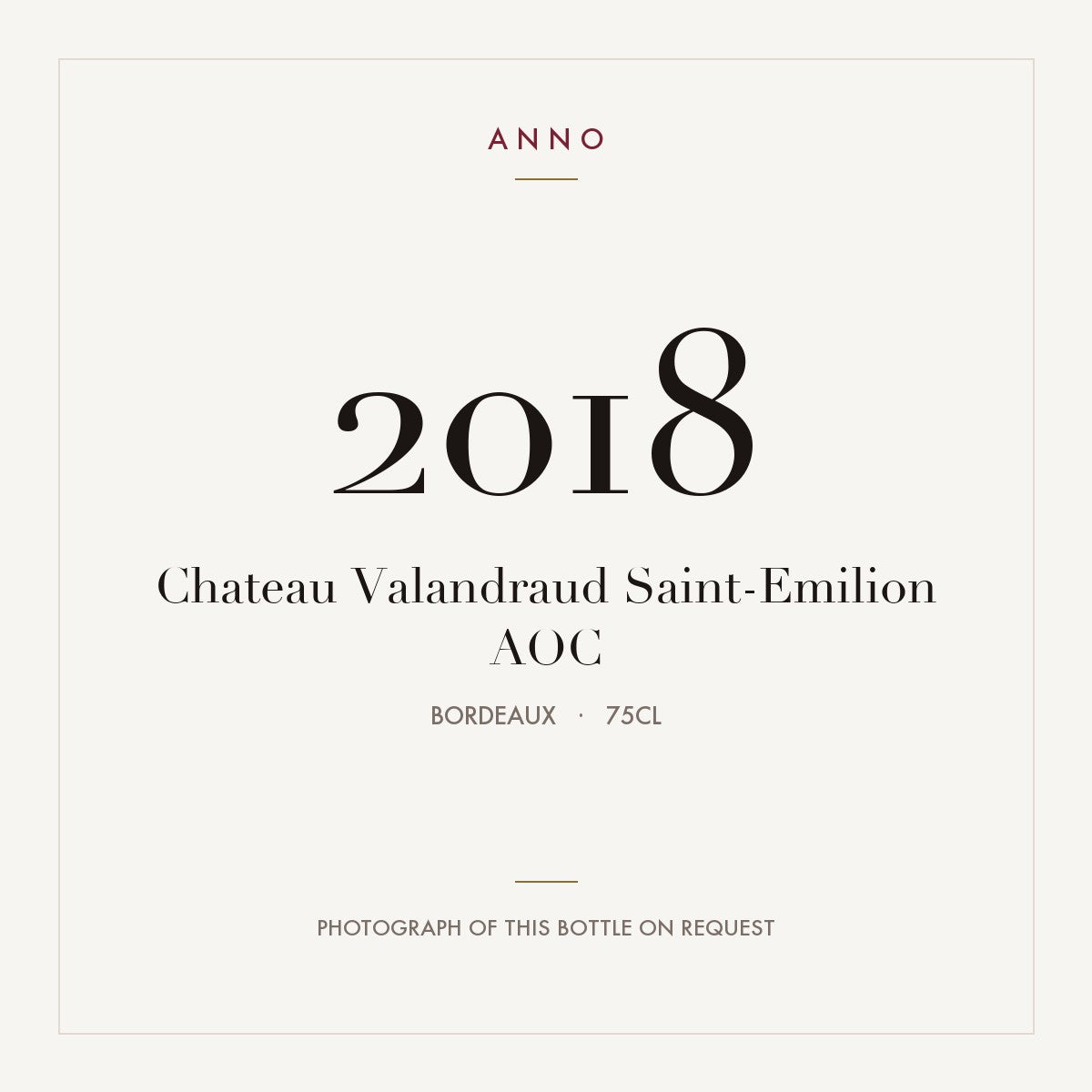 Chateau Valandraud Saint-Emilion 2018 AOC 0,75l from Bordeaux — ANNO vintage card; photograph of the actual bottle available on request