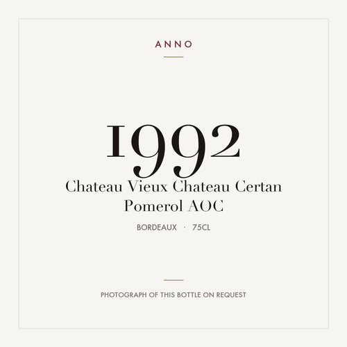 Chateau Vieux Chateau Certan Pomerol 1992 AOC 0,75l from Bordeaux — ANNO vintage card; photograph of the actual bottle available on request