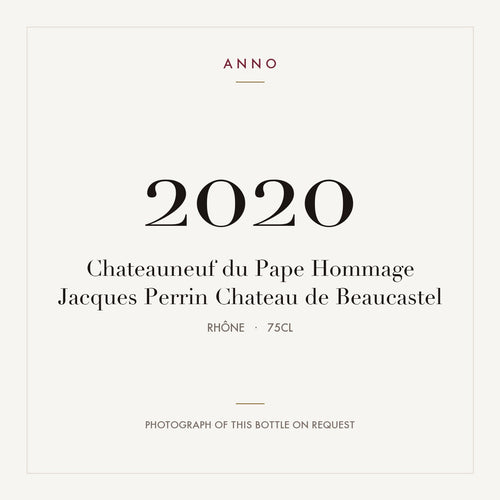 Chateau de Beaucastel Chateauneuf-du-Pape Hommage a Jacques Perrin 2020 AOC 0,75l — ANNO-Jahrgangskarte; Foto der tatsächlichen Flasche auf Anfrage
