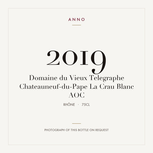 Domaine du Vieux Telegraphe Chateauneuf-du-Pape La Crau Blanc 2019 AOC 0,75l from Rhône — ANNO vintage card; photograph of the actual bottle available on request