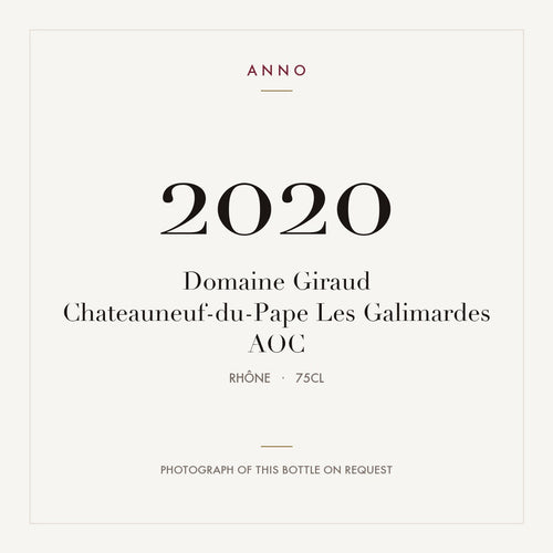 Domaine Giraud Chateauneuf-du-Pape Les Galimardes 2020 AOC 0,75l from Rhône — ANNO vintage card; photograph of the actual bottle available on request