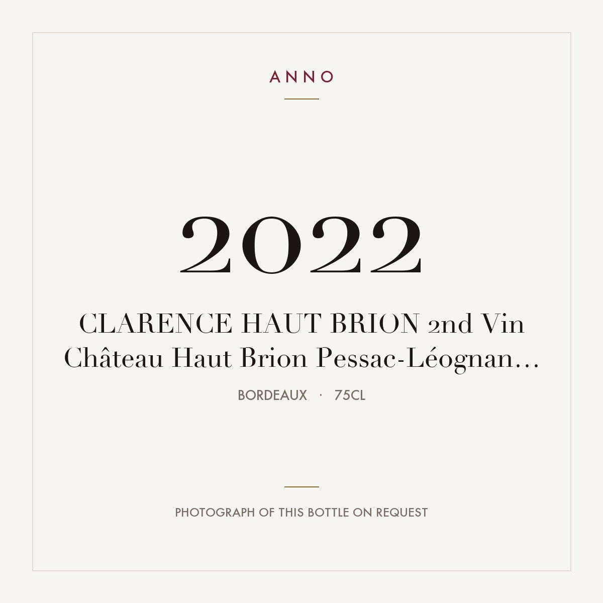 Chateau Haut-Brion Le Clarence de Haut-Brion Pessac-Leognan 2022 AOC 0,75l — ANNO vintage card; photograph of the actual bottle available on request
