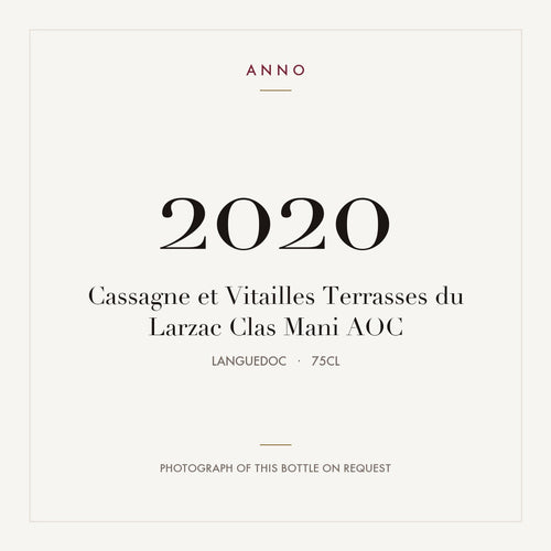 Cassagne et Vitailles Terrasses du Larzac Clas Mani 2020 AOC 0,75l from Languedoc — ANNO vintage card; photograph of the actual bottle available on request