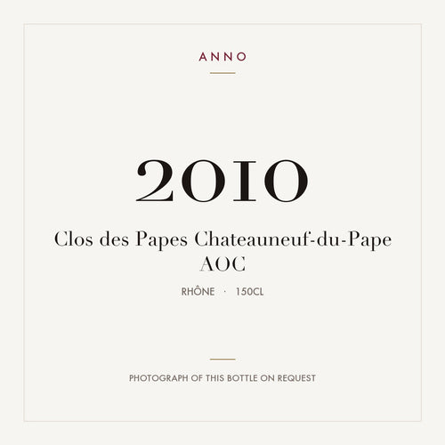 Clos des Papes Chateauneuf-du-Pape 2010 AOC 1,5l, Ródano — cartão de colheita ANNO; fotografia da garrafa real disponível a pedido