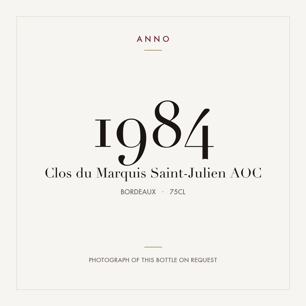 Clos du Marquis Saint-Julien 1984 AOC 0,75l from Bordeaux — ANNO vintage card; photograph of the actual bottle available on request