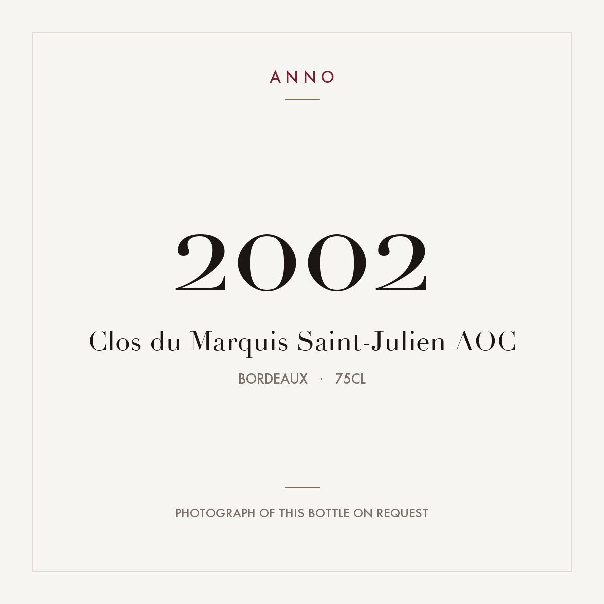 Clos du Marquis Saint-Julien 2002 AOC 0,75l from Bordeaux — ANNO vintage card; photograph of the actual bottle available on request