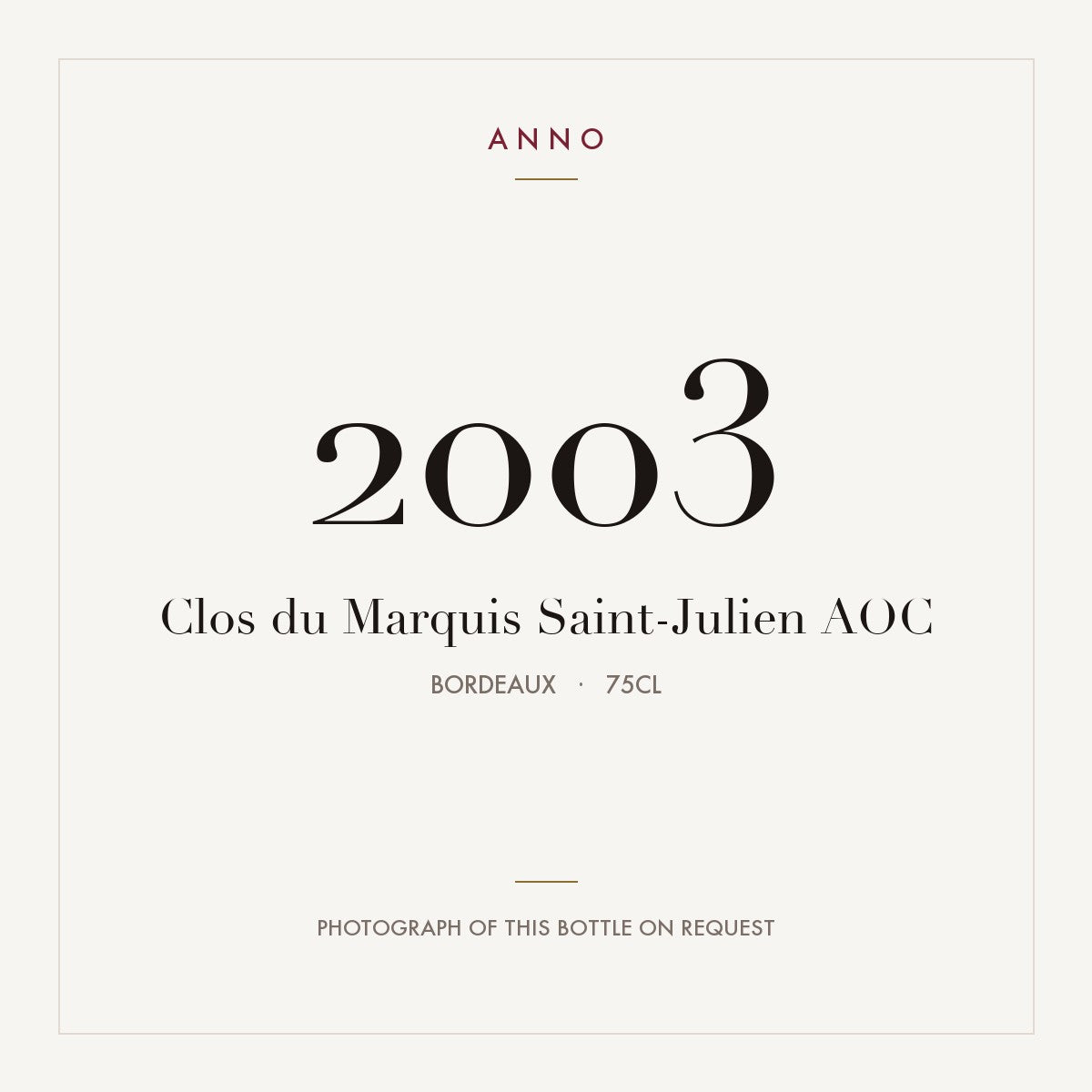 Clos du Marquis Saint-Julien 2003 AOC 0,75l from Bordeaux — ANNO vintage card; photograph of the actual bottle available on request