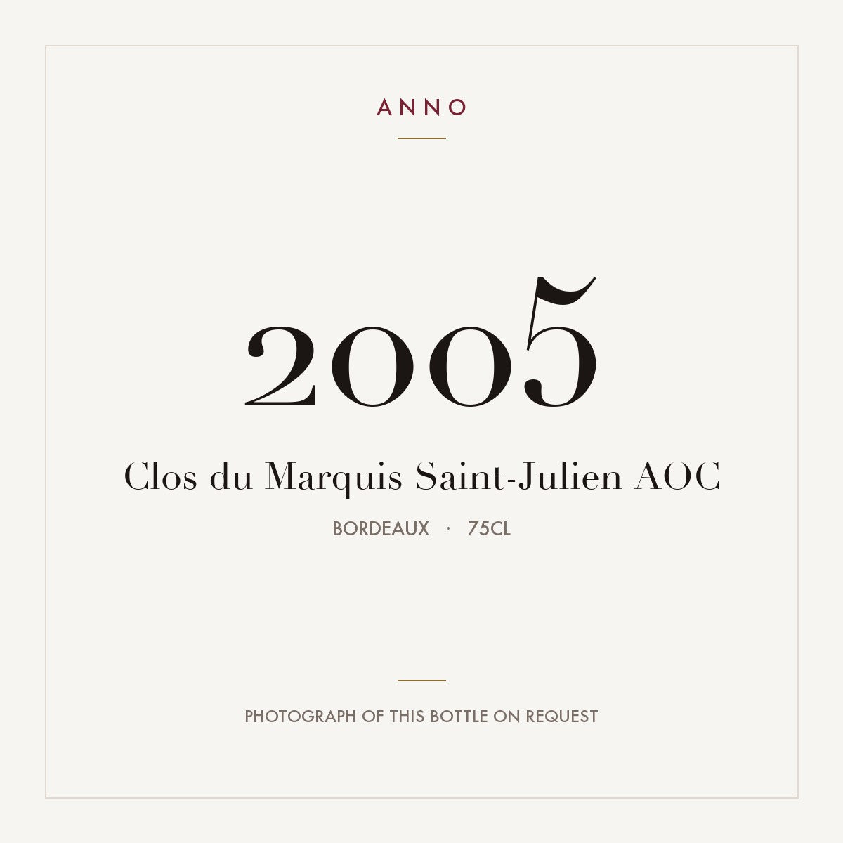 Clos du Marquis Saint-Julien 2005 AOC 0,75l from Bordeaux — ANNO vintage card; photograph of the actual bottle available on request