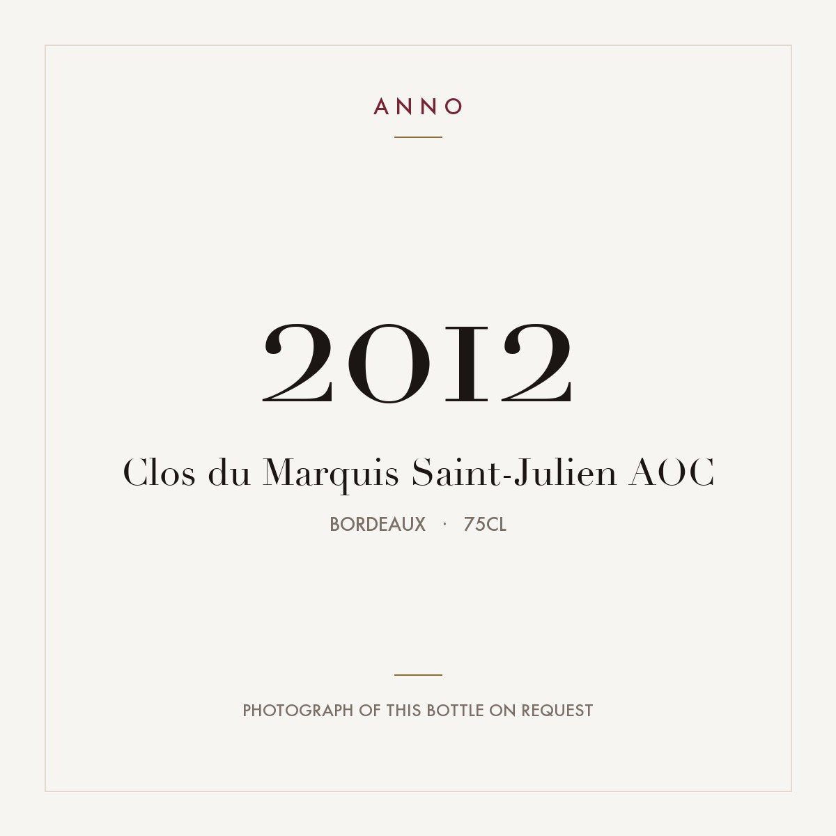 Clos du Marquis Saint-Julien 2012 AOC 0,75l from Bordeaux — ANNO vintage card; photograph of the actual bottle available on request