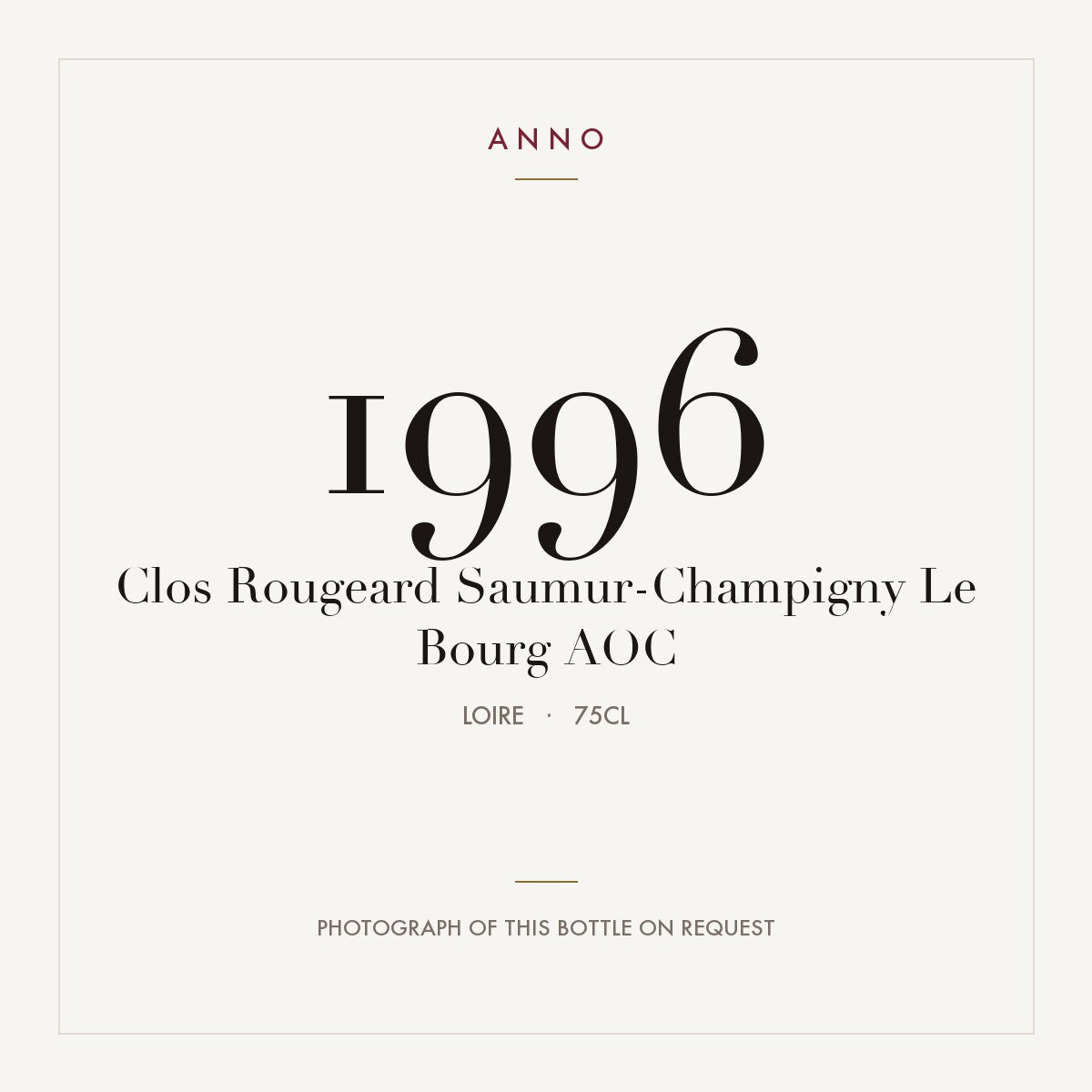 Clos Rougeard Saumur-Champigny Le Bourg 1996 AOC 0,75l from Loire — ANNO vintage card; photograph of the actual bottle available on request