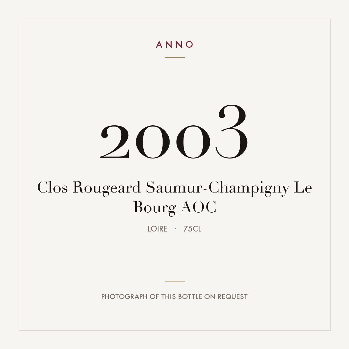 Clos Rougeard Saumur-Champigny Le Bourg 2003 AOC 0,75l from Loire — ANNO vintage card; photograph of the actual bottle available on request