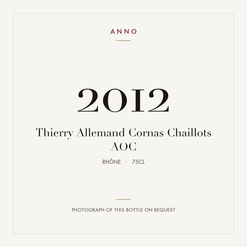 Thierry Allemand Cornas Chaillots 2012 AOC 0,75l from Rhône — ANNO vintage card; photograph of the actual bottle available on request