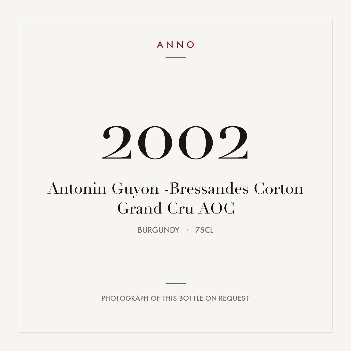 Antonin Guyon -Bressandes Corton Grand Cru 2002 AOC 0,75l from Burgundy — ANNO vintage card; photograph of the actual bottle available on request