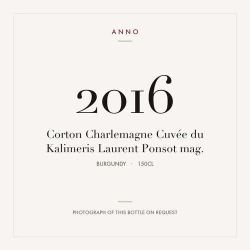 Laurent Ponsot Corton-Charlemagne Grand Cru Cuvee du Kalimeris 2016 AOC 1,5l — card dell'annata ANNO; foto della bottiglia reale disponibile su richiesta