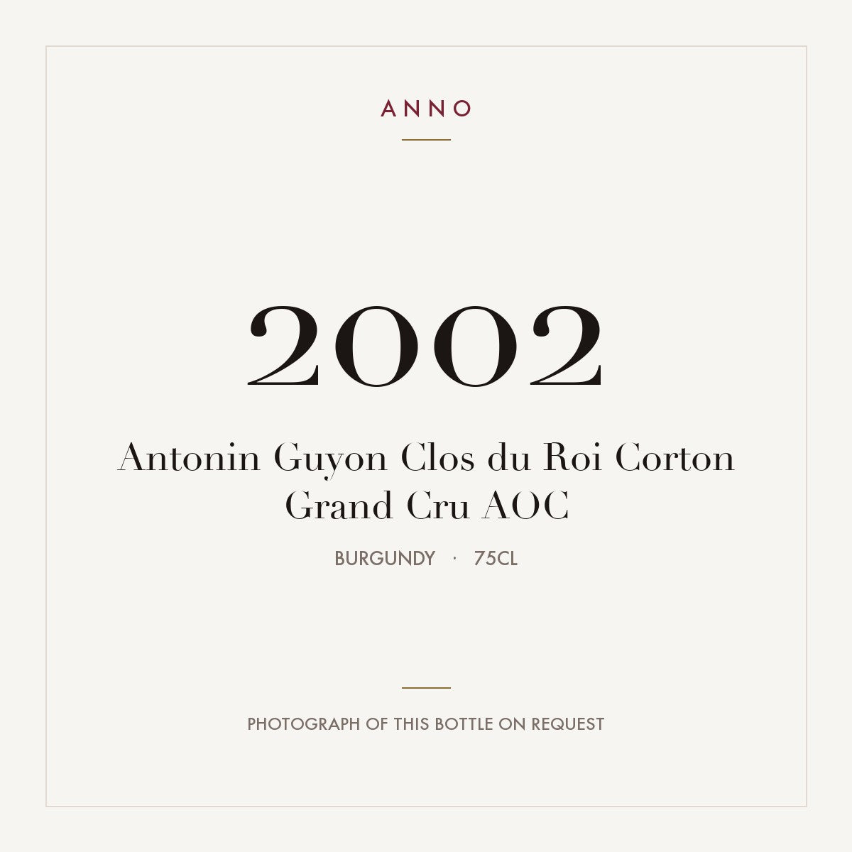 Antonin Guyon Clos du Roi Corton Grand Cru 2002 AOC 0,75l from Burgundy — ANNO vintage card; photograph of the actual bottle available on request