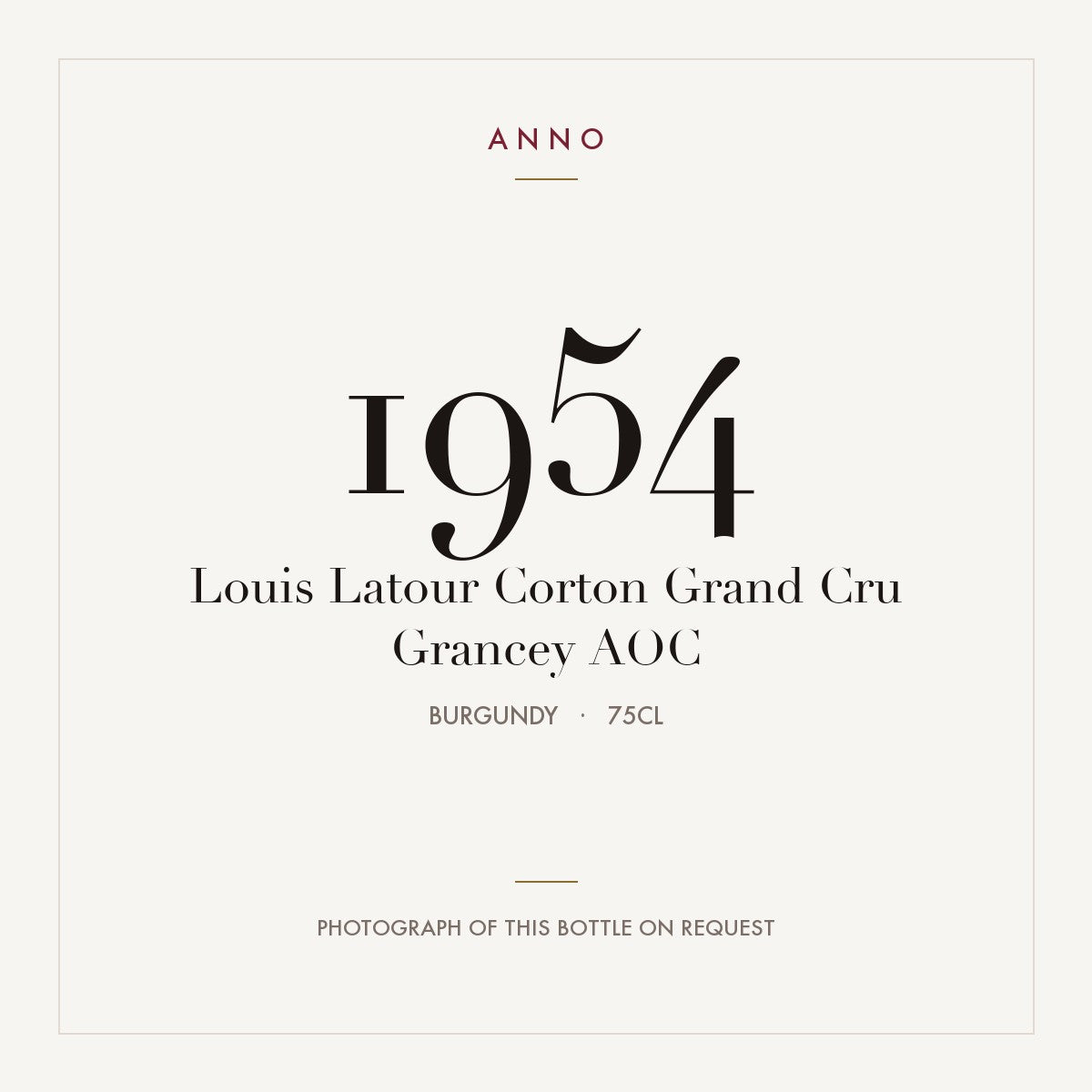 Louis Latour Corton Grand Cru Grancey 1954 AOC 0,75l from Burgundy — ANNO vintage card; photograph of the actual bottle available on request