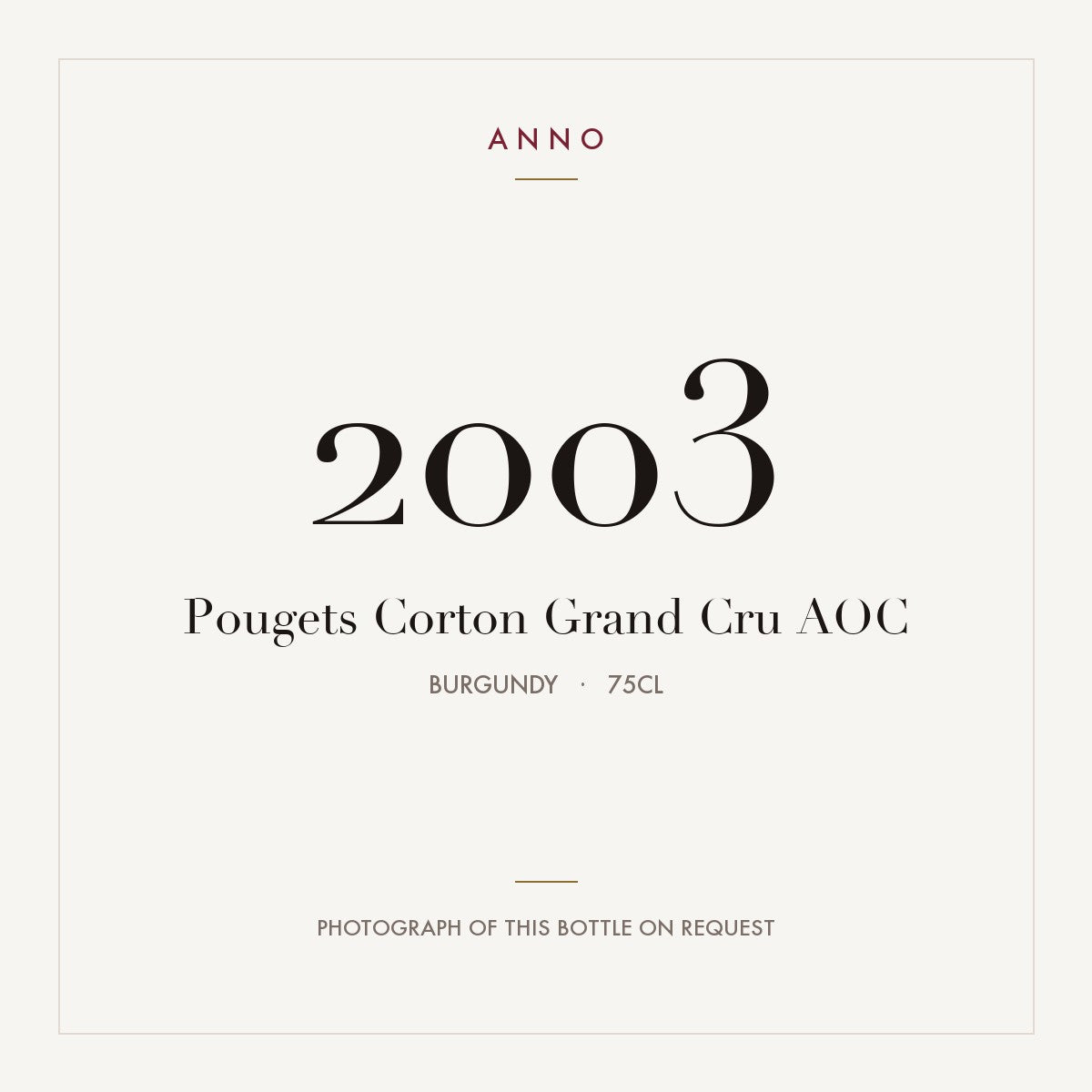 Pougets Corton Grand Cru 2003 AOC 0,75l from Burgundy — ANNO vintage card; photograph of the actual bottle available on request