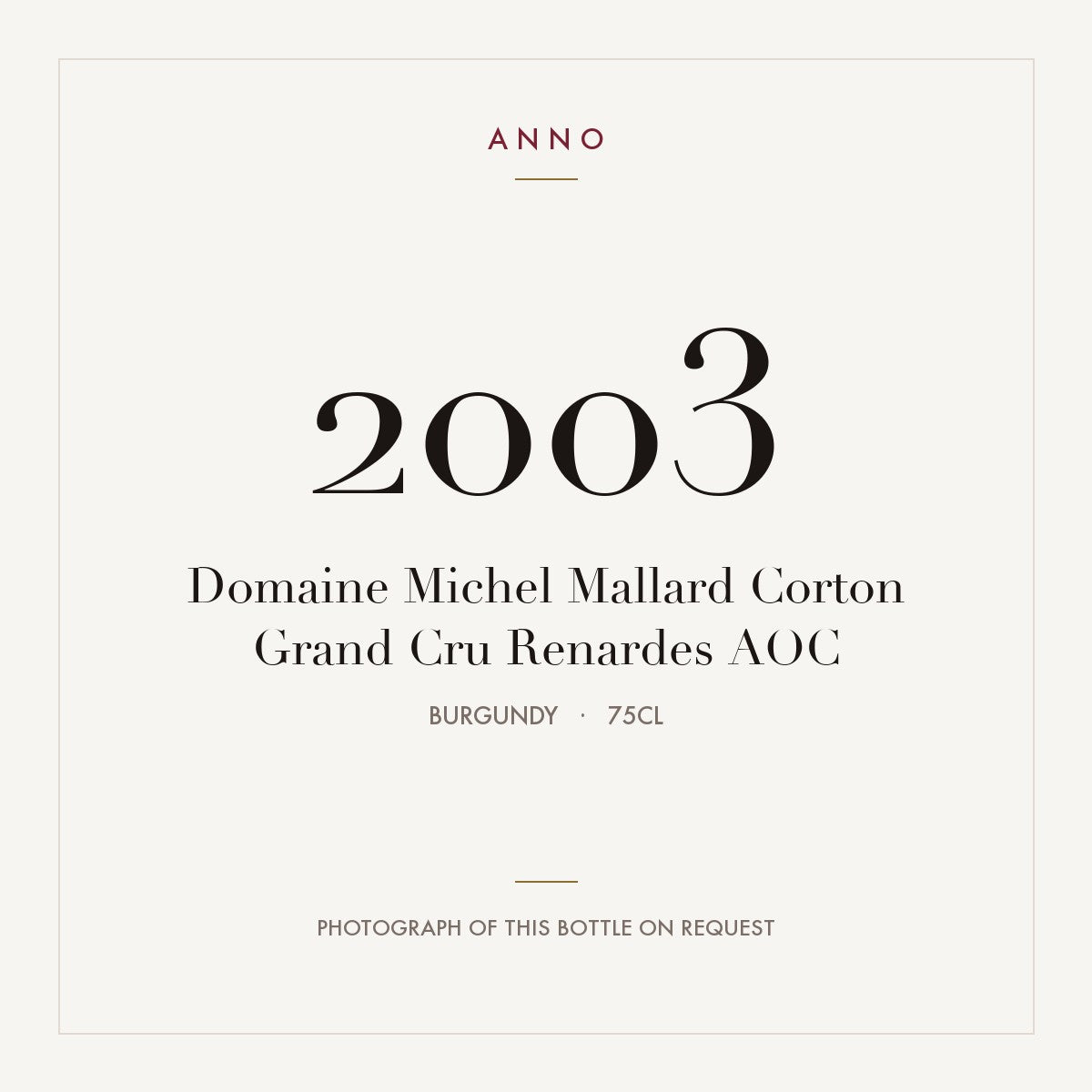 Domaine Michel Mallard Corton Grand Cru Renardes 2003 AOC 0,75l from Burgundy — ANNO vintage card; photograph of the actual bottle available on request