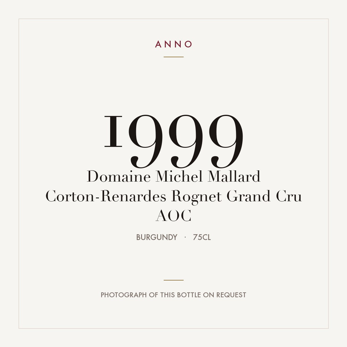 Domaine Michel Mallard Corton-Renardes Rognet Grand Cru 1999 AOC 0,75l from Burgundy — ANNO vintage card; photograph of the actual bottle available on request