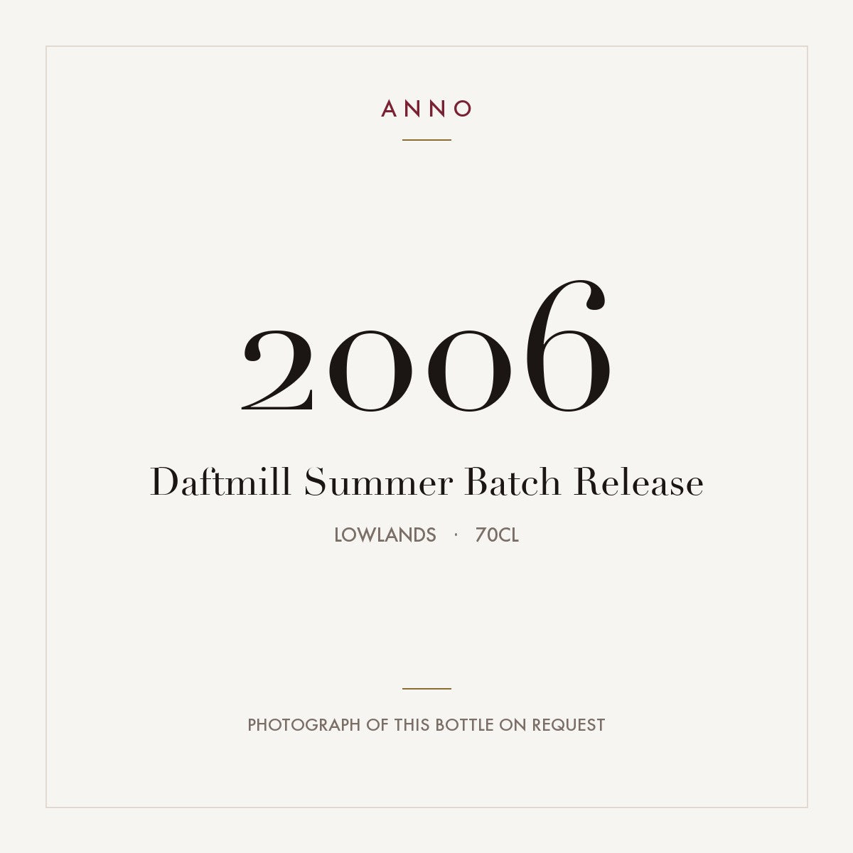 Daftmill Summer Batch Release 2006 0,7l from Lowlands — ANNO vintage card; photograph of the actual bottle available on request