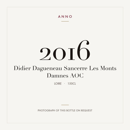 Didier Dagueneau Sancerre Les Monts Damnes 2016 AOC 1,5l, Loire — carte millésime ANNO ; photo de la bouteille réelle disponible sur demande