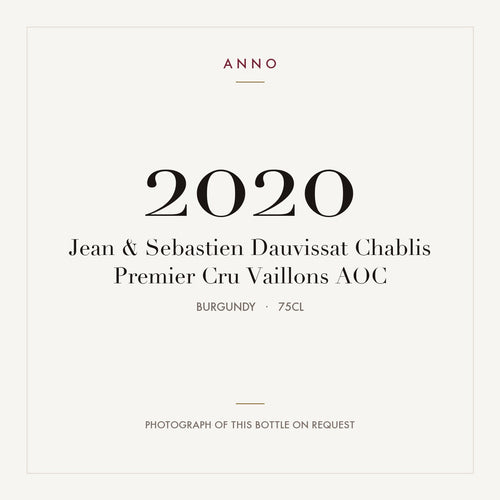 Jean & Sebastien Dauvissat Chablis Premier Cru Vaillons 2020 AOC 0,75l, Bourgogne — carte millésime ANNO ; photo de la bouteille réelle disponible sur demande